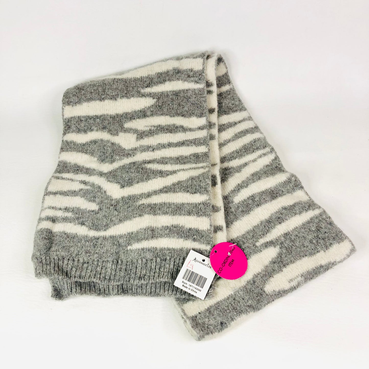 Accessorize Grey & White Zebra Print Wool Knit Scarf NEW