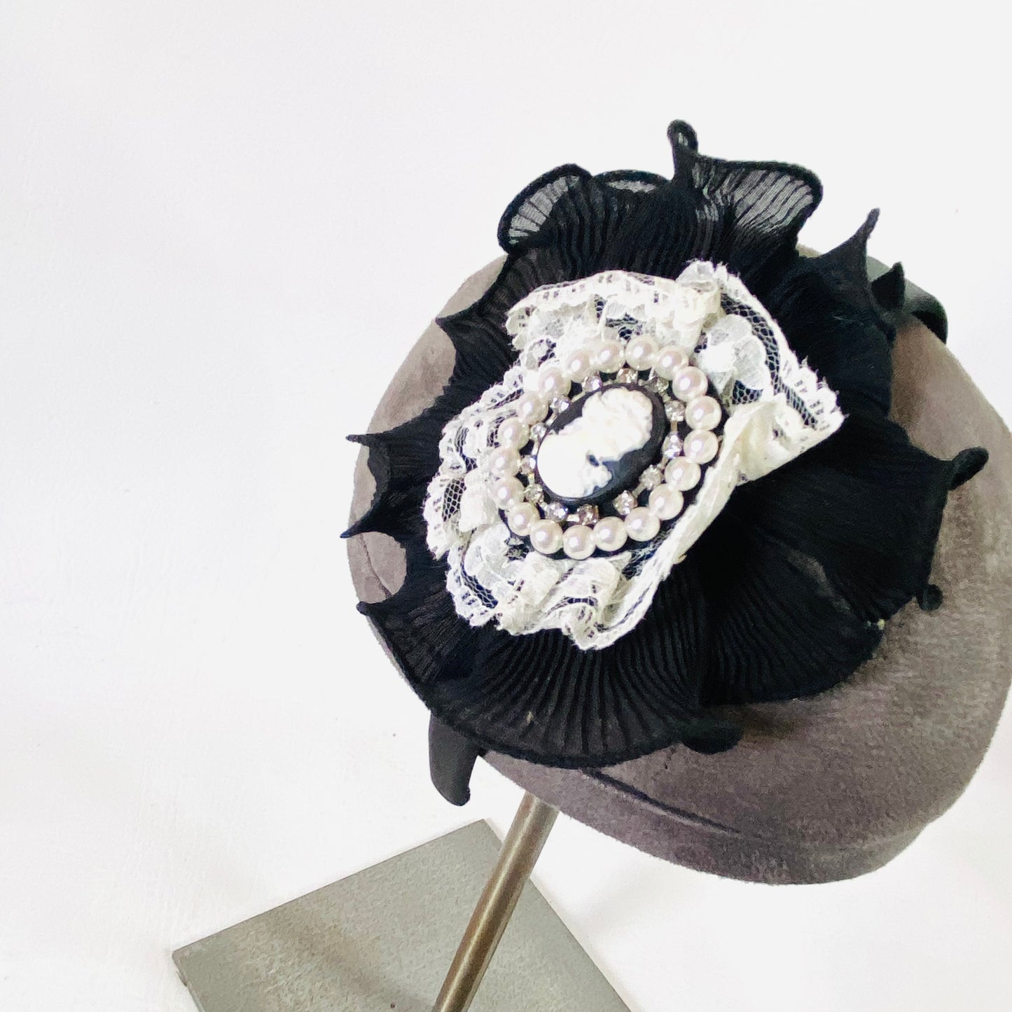 Black & White | Ruffle Fascinator Headband | Lace, Pearl & Cameo Detail | One Size