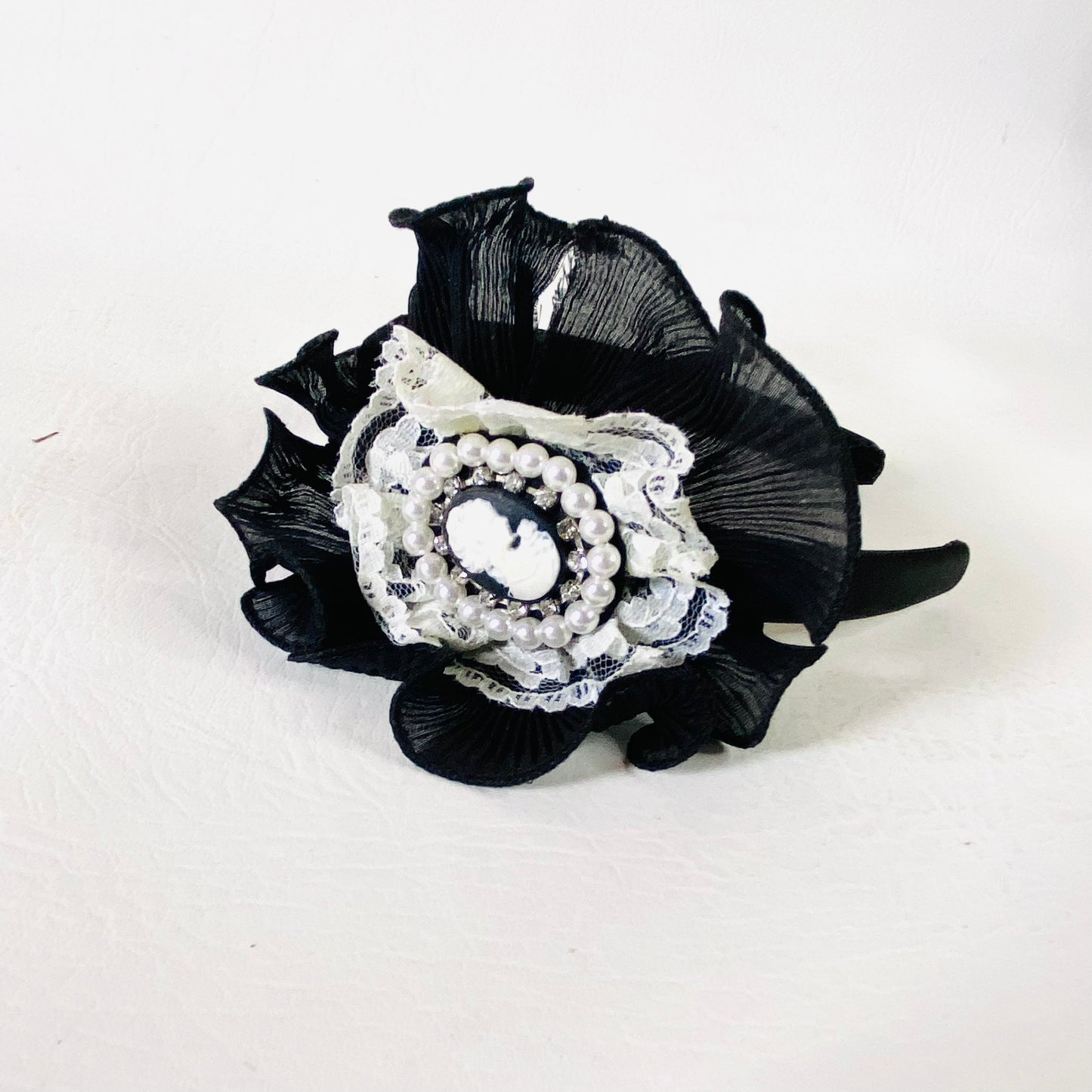 Black & White | Ruffle Fascinator Headband | Lace, Pearl & Cameo Detail | One Size