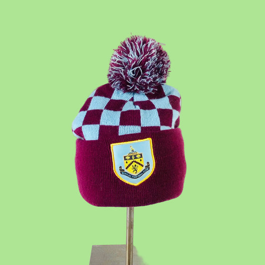 Official Burnley FC (Football Club) | Knit Bobble Beanie Hat | Claret Blue Checkerboard | One Size (Smaller fit)