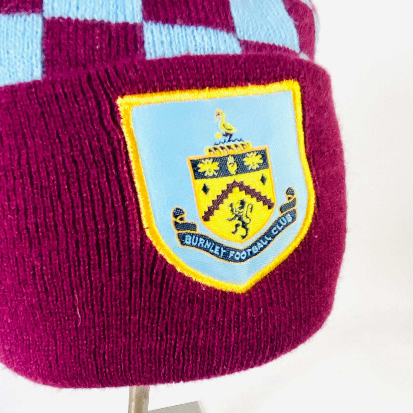 Official Burnley FC (Football Club) | Knit Bobble Beanie Hat | Claret Blue Checkerboard | One Size (Smaller fit)