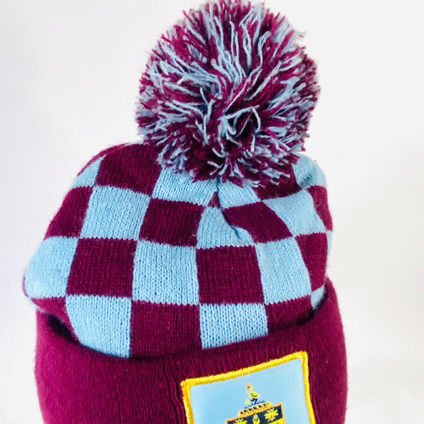 Official Burnley FC (Football Club) | Knit Bobble Beanie Hat | Claret Blue Checkerboard | One Size (Smaller fit)