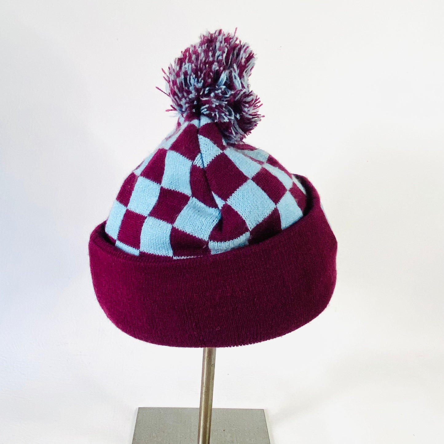 Official Burnley FC (Football Club) | Knit Bobble Beanie Hat | Claret Blue Checkerboard | One Size (Smaller fit)