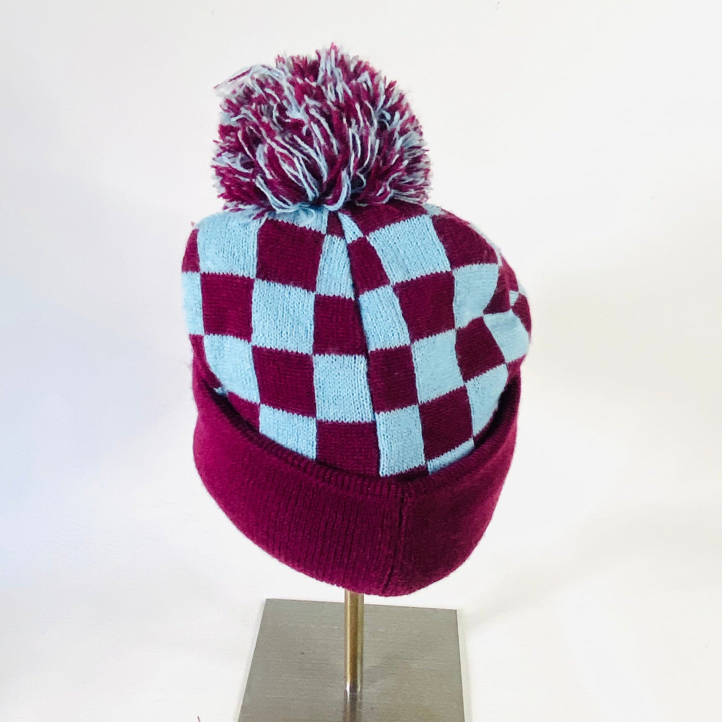 Official Burnley FC (Football Club) | Knit Bobble Beanie Hat | Claret Blue Checkerboard | One Size (Smaller fit)