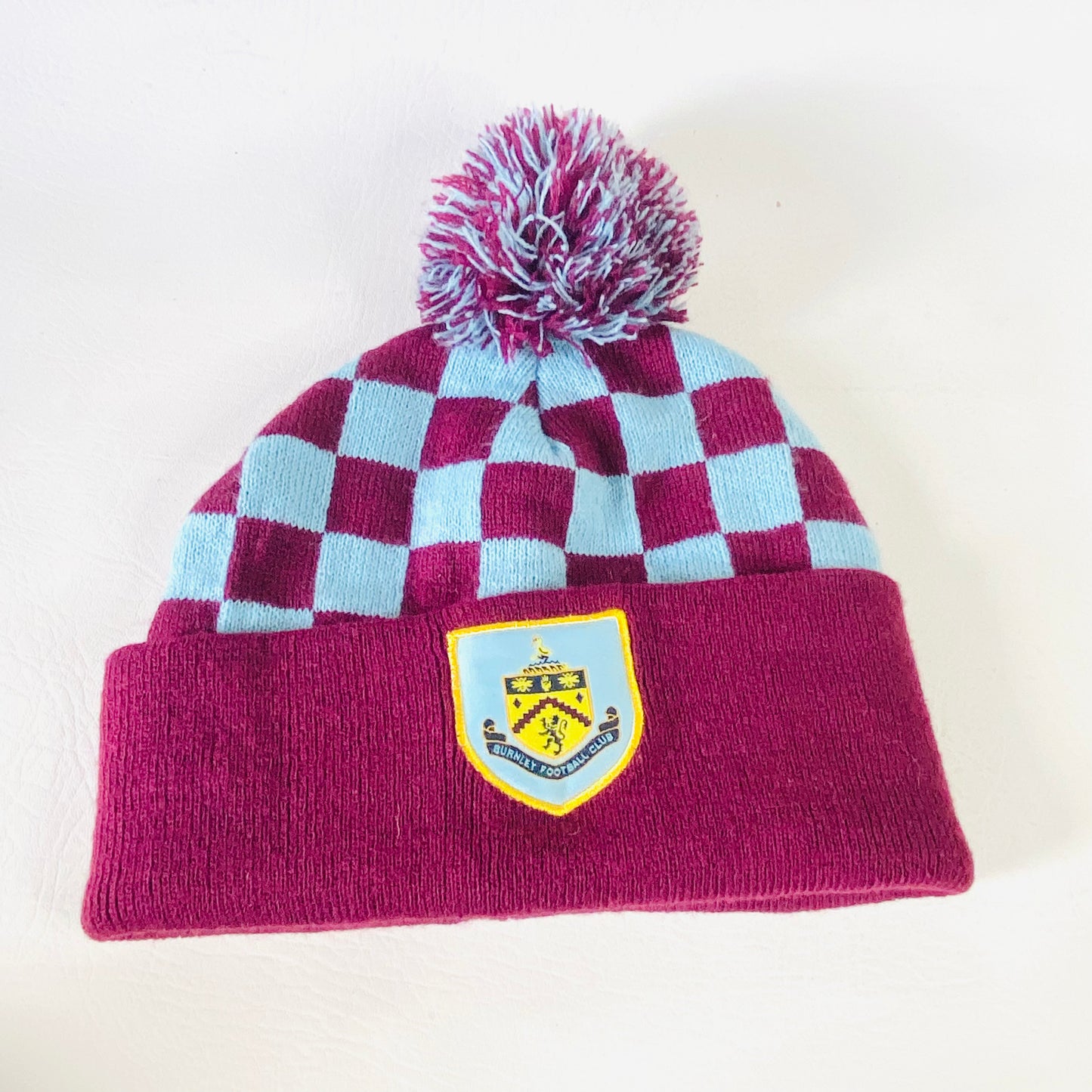 Official Burnley FC (Football Club) | Knit Bobble Beanie Hat | Claret Blue Checkerboard | One Size (Smaller fit)