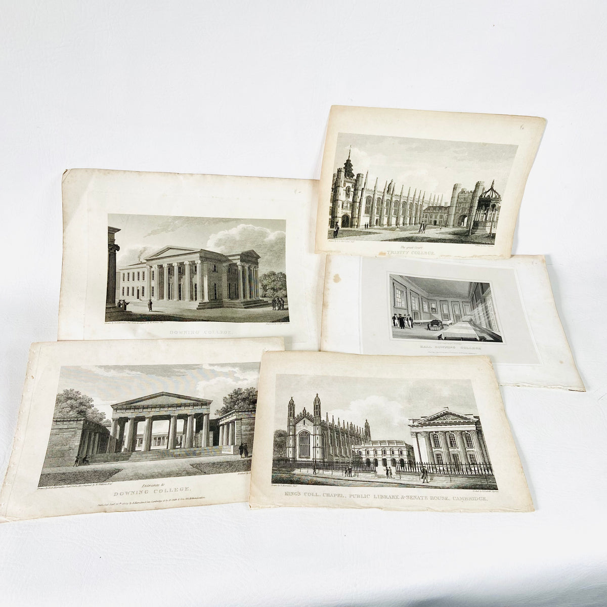 Collection 5X Antique Engravings Paper Prints Cambridge Landmarks (Kings College, Downing College, Trinity College)