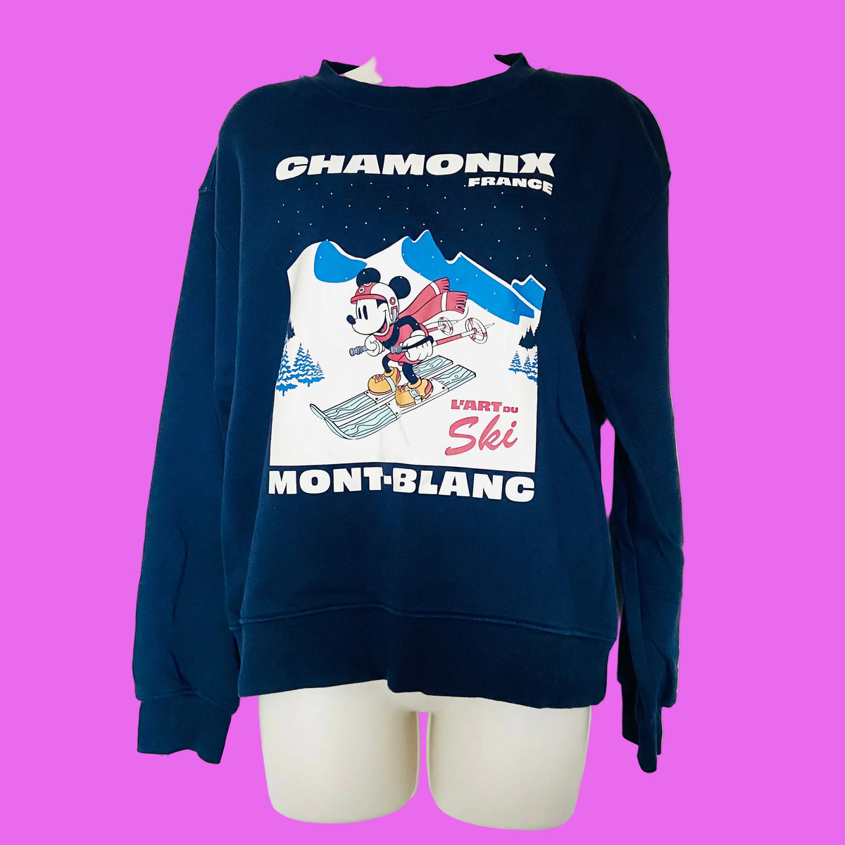 Disney X H&M | Navy Blue | Mickey Mouse | Graphic Chamonix Ski Print | Ladies Sweatshirt Jumper | Size Small