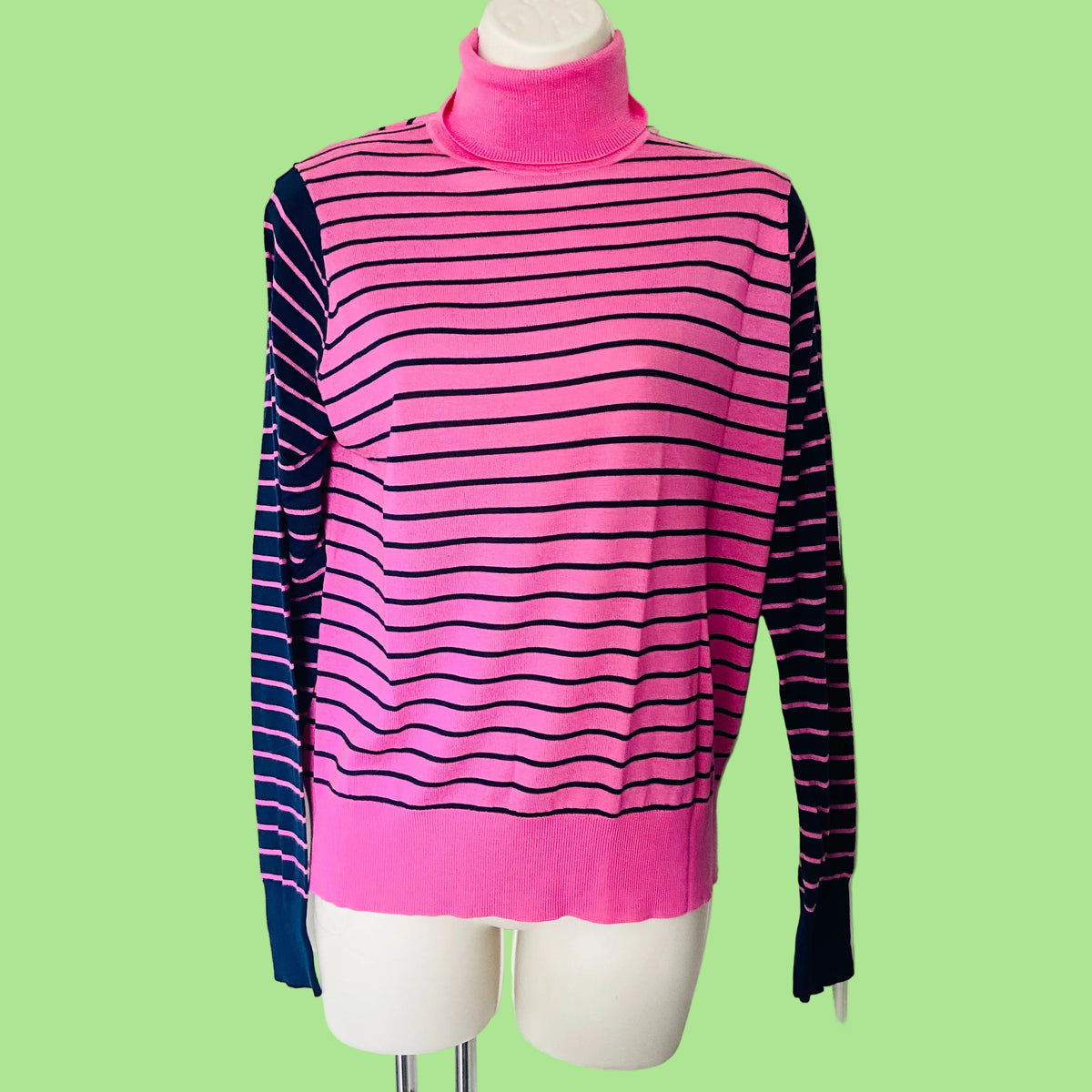 M&S Collection | Pure Merino Wool | Pink & Navy | Striped Roll Neck Jumper | Size 12 | NEW