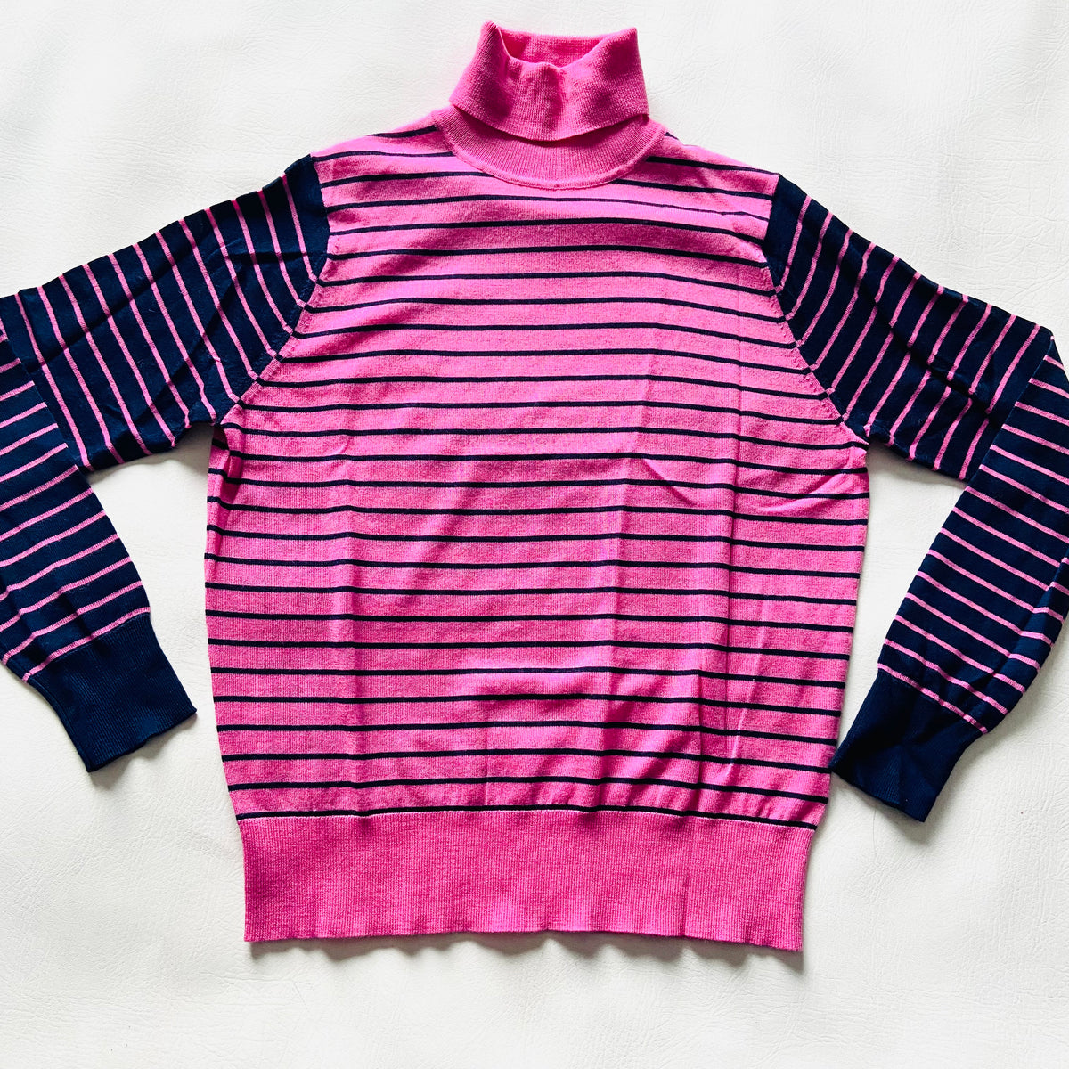 M&S Collection | Pure Merino Wool | Pink & Navy | Striped Roll Neck Jumper | Size 12 | NEW