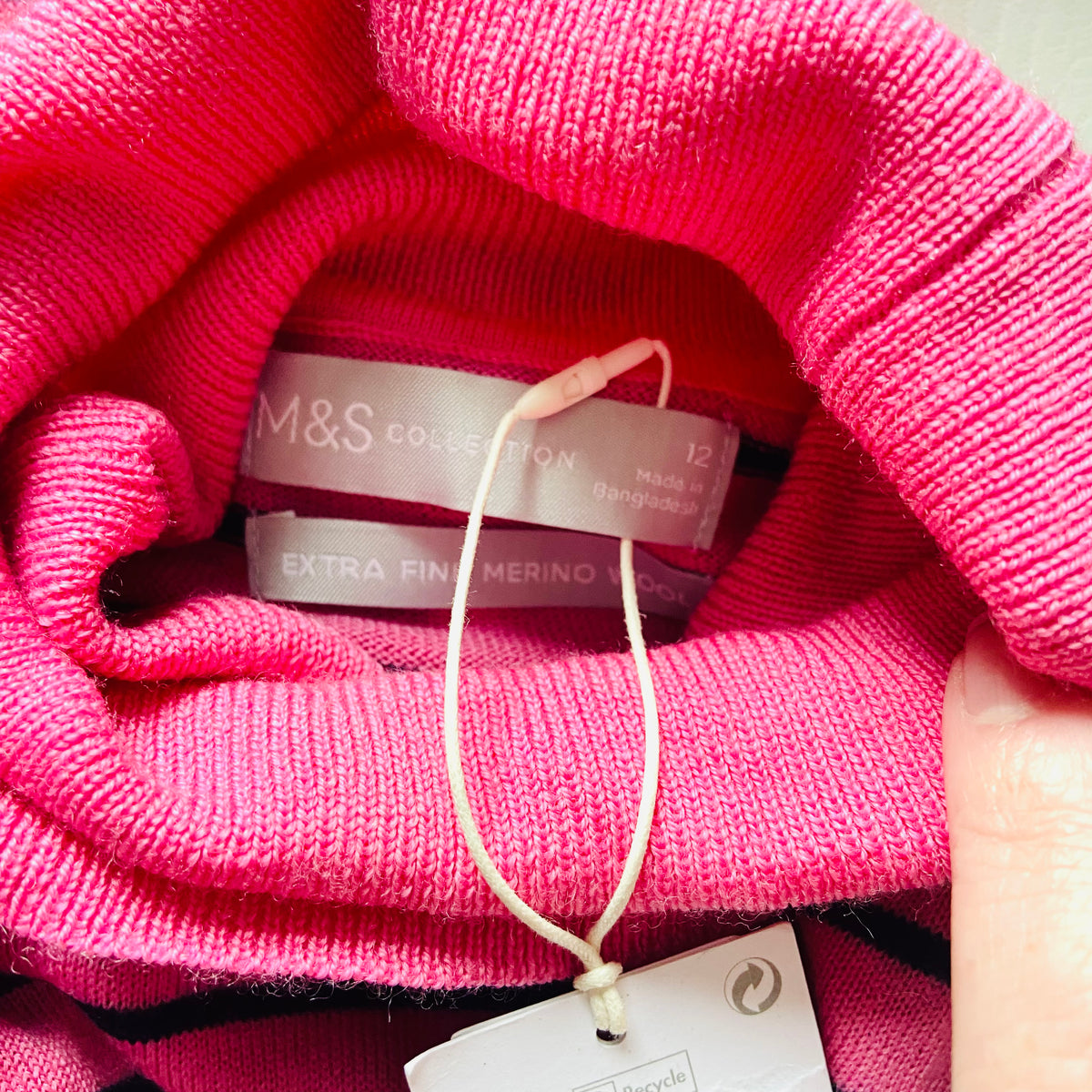 M&S Collection | Pure Merino Wool | Pink & Navy | Striped Roll Neck Jumper | Size 12 | NEW