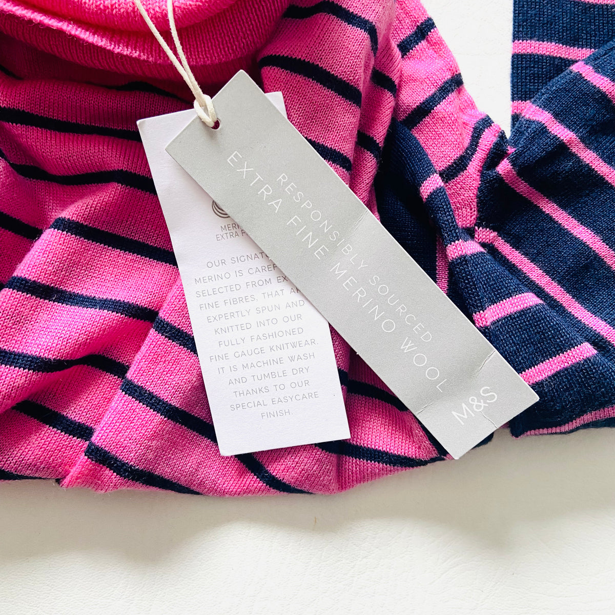 M&S Collection | Pure Merino Wool | Pink & Navy | Striped Roll Neck Jumper | Size 12 | NEW