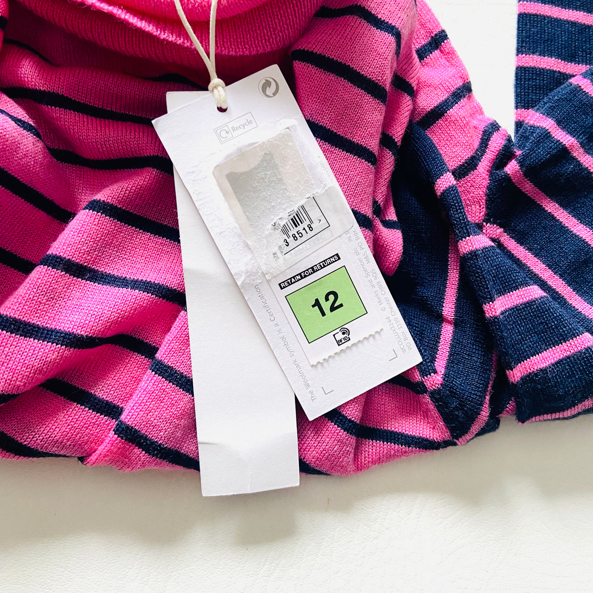 M&S Collection | Pure Merino Wool | Pink & Navy | Striped Roll Neck Jumper | Size 12 | NEW