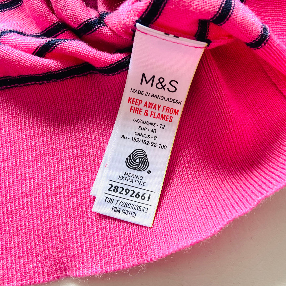 M&S Collection | Pure Merino Wool | Pink & Navy | Striped Roll Neck Jumper | Size 12 | NEW