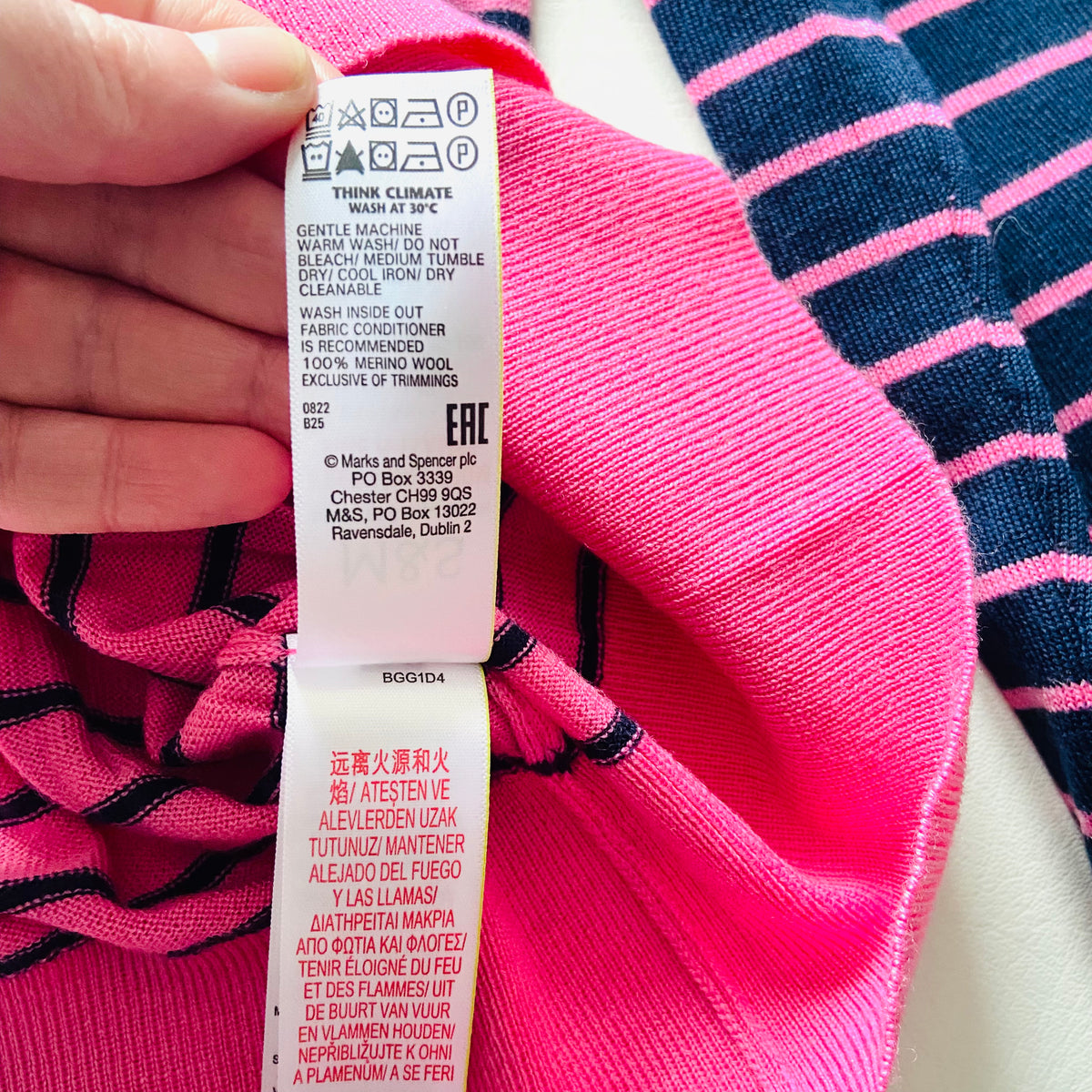 M&S Collection | Pure Merino Wool | Pink & Navy | Striped Roll Neck Jumper | Size 12 | NEW