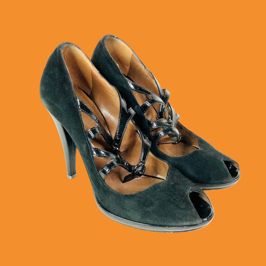 Hobbs Black Suede Peep Toe Court Shoes Patent Leather Straps Size 6 39