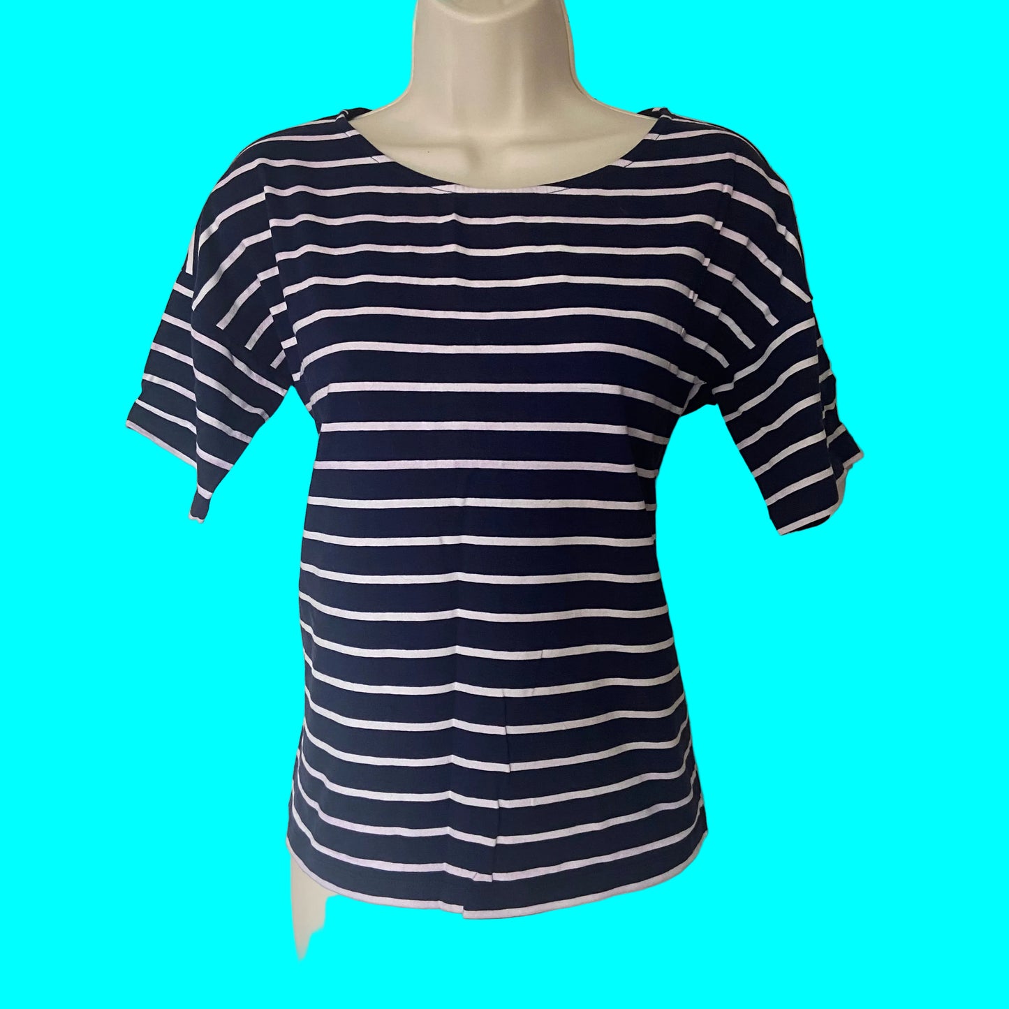 Jaeger Navy Blue Breton Striped Short Sleeved Cotton Casual Top T-Shirt Size XS