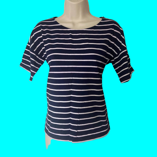 Jaeger Navy Blue Breton Striped Short Sleeved Cotton Casual Top T-Shirt Size XS