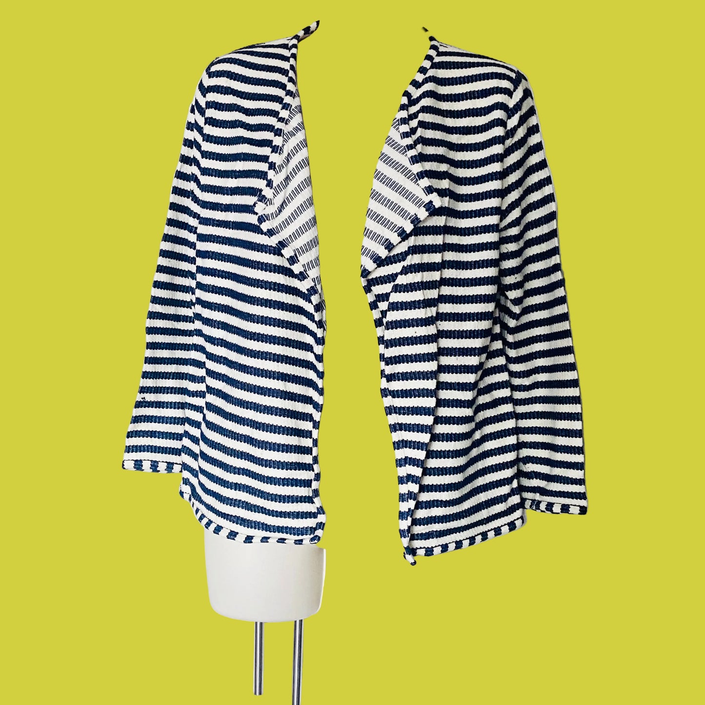 Jaeger Ladies Navy Blue & White Woven Striped Open Front Cardigan / Casual Jacket Size Small