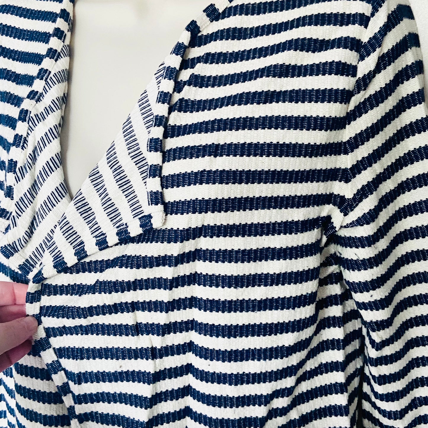Jaeger Ladies Navy Blue & White Woven Striped Open Front Cardigan / Casual Jacket Size Small