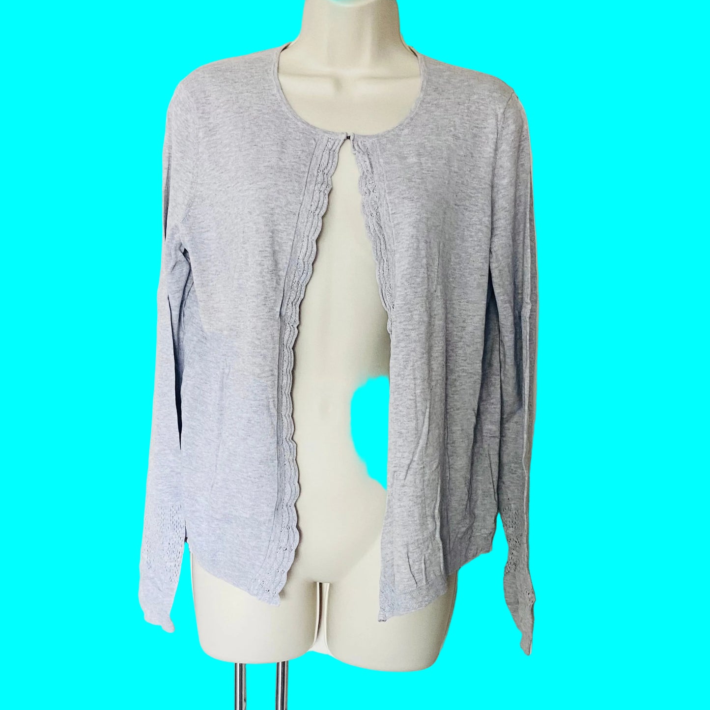 Laura Ashley Light Grey 100% Cotton Lightweight Open Cardigan Lace Trim Size 14