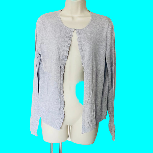 Laura Ashley Light Grey 100% Cotton Lightweight Open Cardigan Lace Trim Size 14