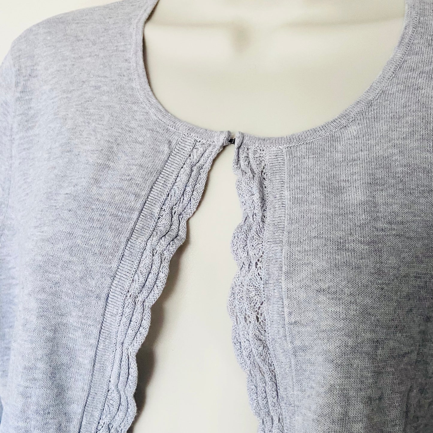 Laura Ashley Light Grey 100% Cotton Lightweight Open Cardigan Lace Trim Size 14