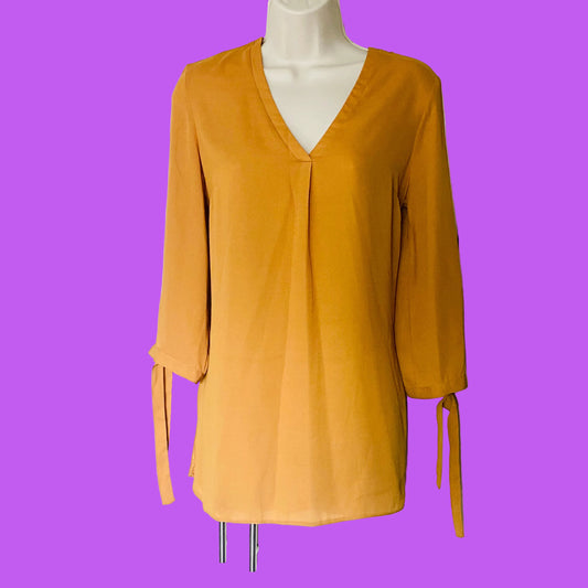 Paraphrase Mustard Yellow Loose Fit 3/4 Tie Sleeve V-Neck Blouse Top Size 10