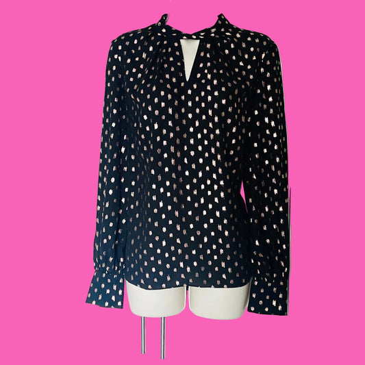 Principles Black & Gold Foil Floaty Chiffon Long Sleeve Blouse Size 12
