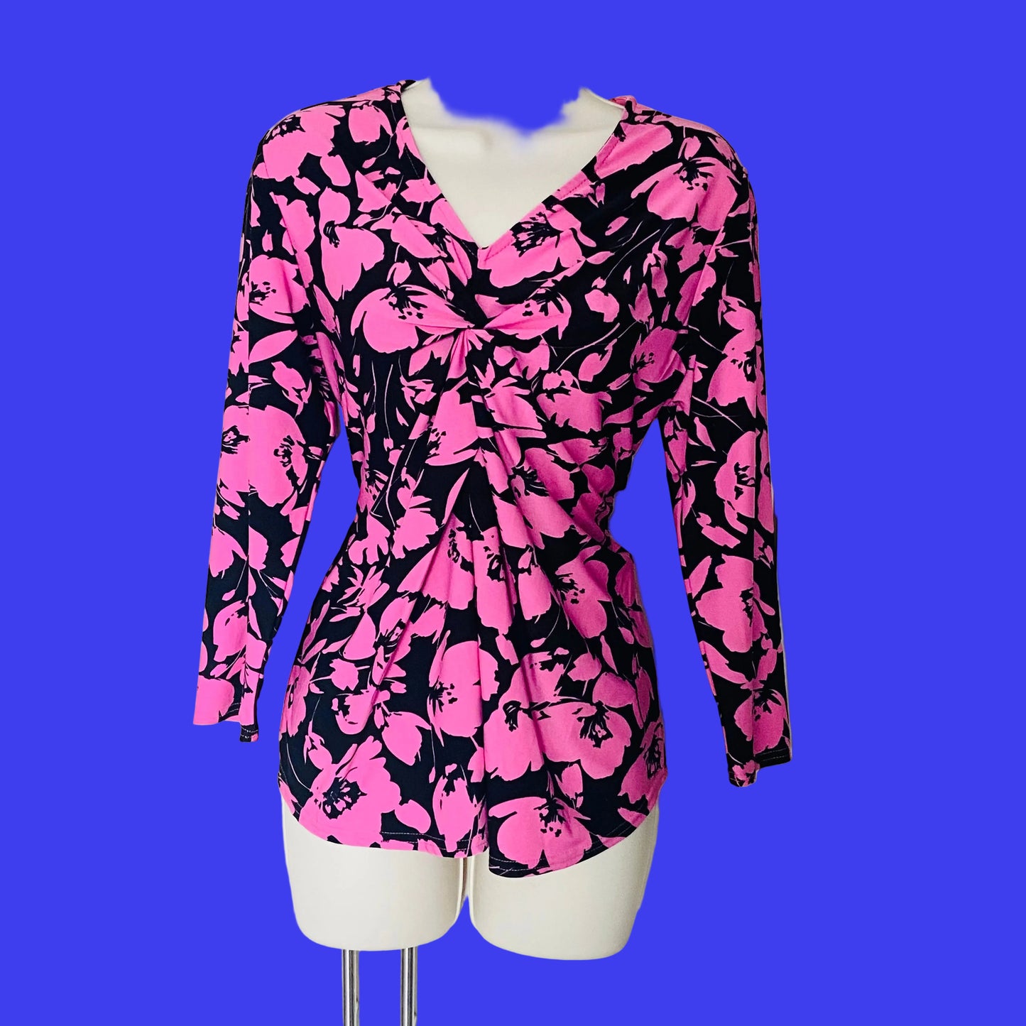 Bassini Black & Pink Floral 3/4 Sleeve Knot Front Blouse Top Size UK 14