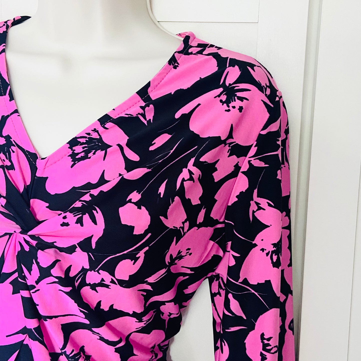 Bassini Black & Pink Floral 3/4 Sleeve Knot Front Blouse Top Size UK 14