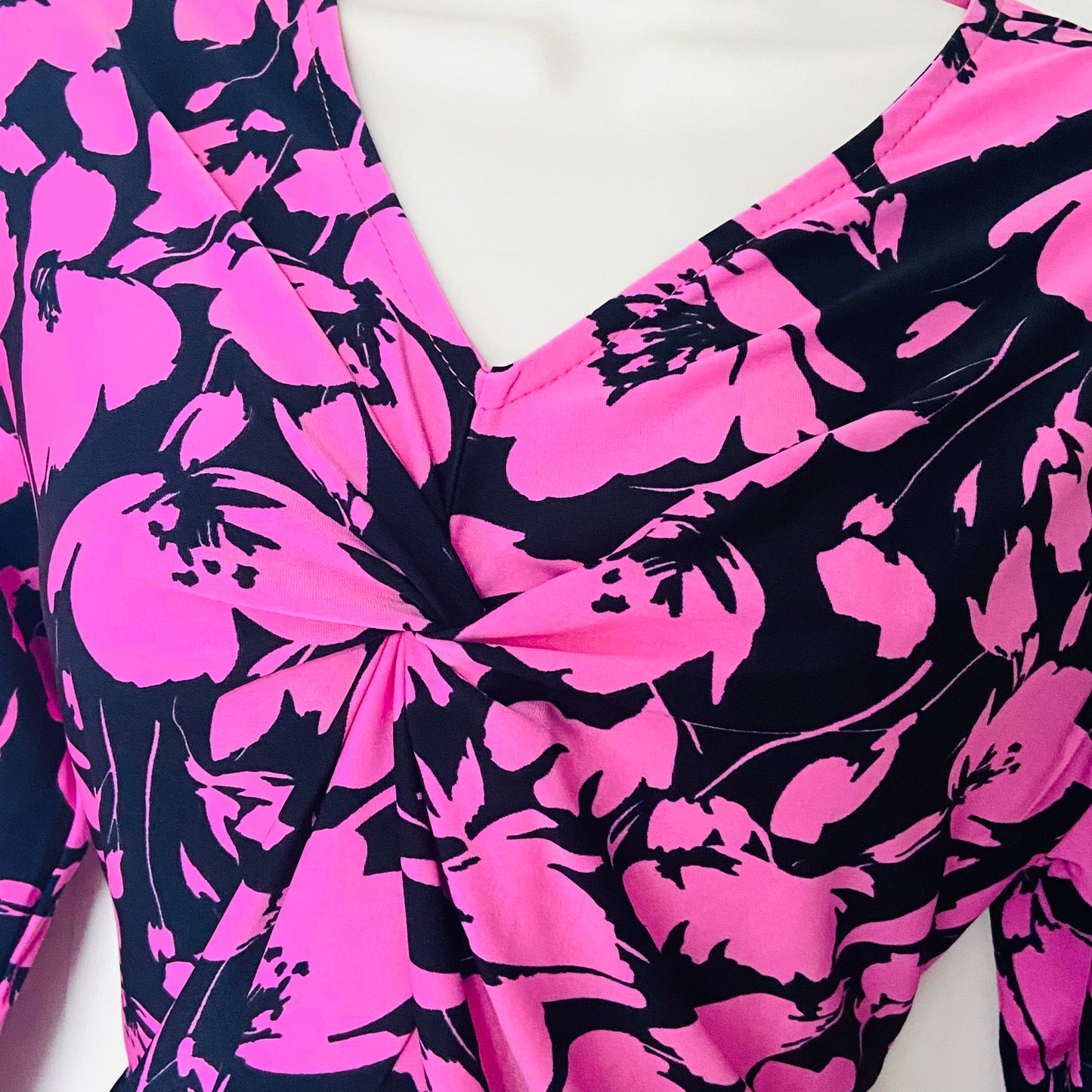 Bassini Black & Pink Floral 3/4 Sleeve Knot Front Blouse Top Size UK 14