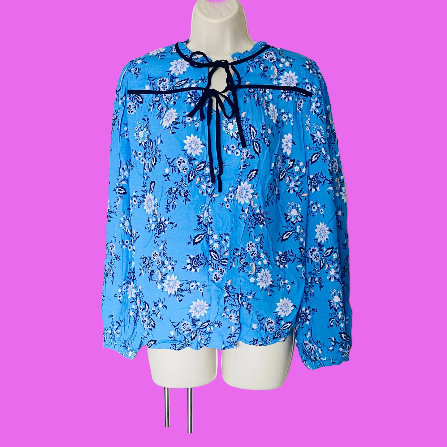 Per Una (M&S) Blue Floral Tie Neck Boho Blouson Sleeve Blouse Size 10