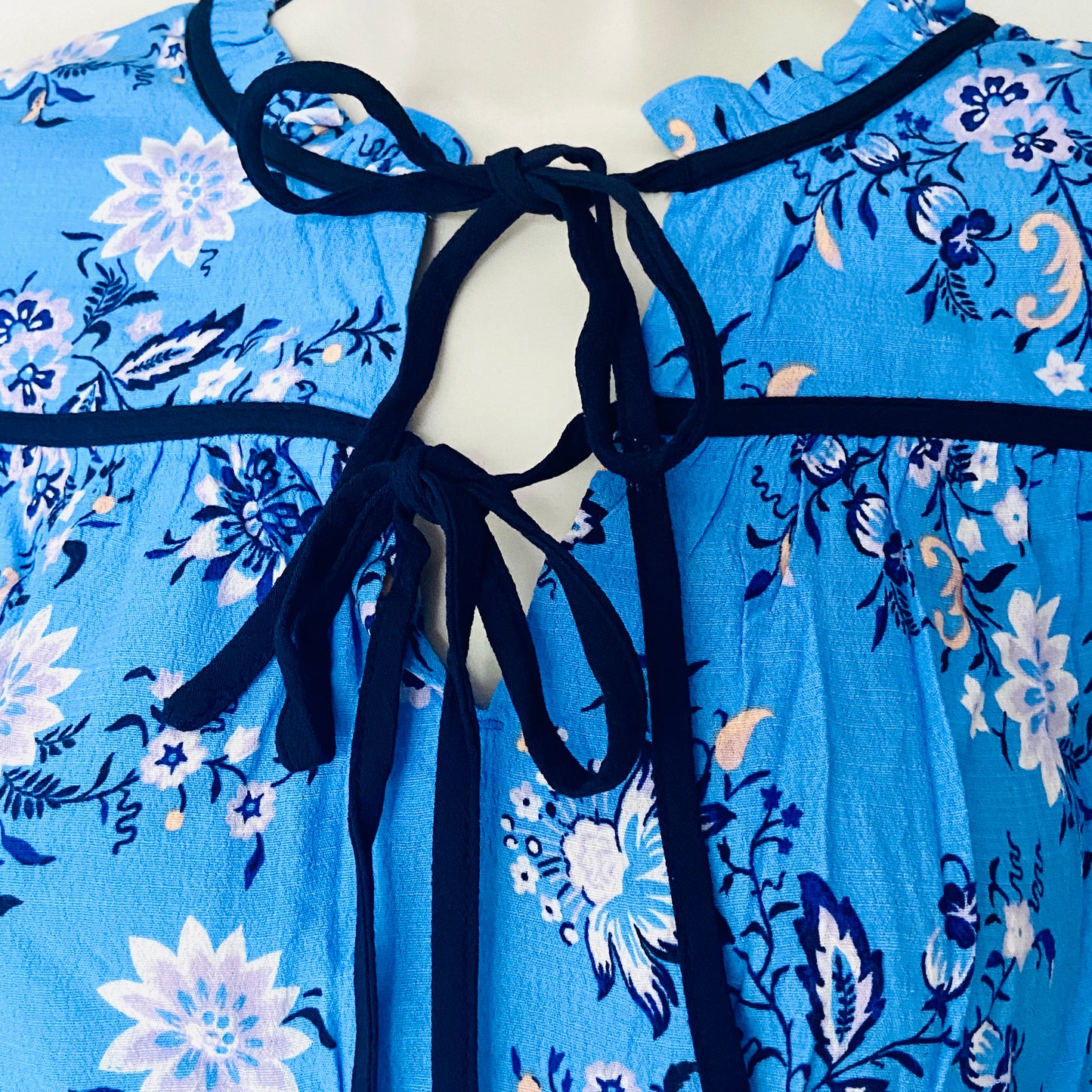 Per Una (M&S) Blue Floral Tie Neck Boho Blouson Sleeve Blouse Size 10
