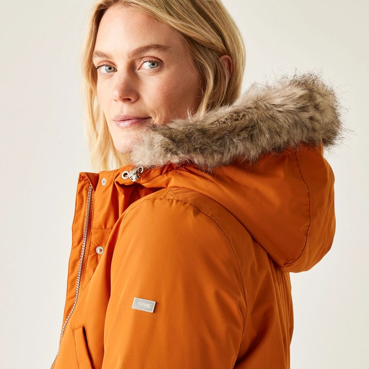 Regatta | Voltera Waterproof Insulated Heated Parka Coat | Burnt Orange | Faux Fur Hood | Size 10