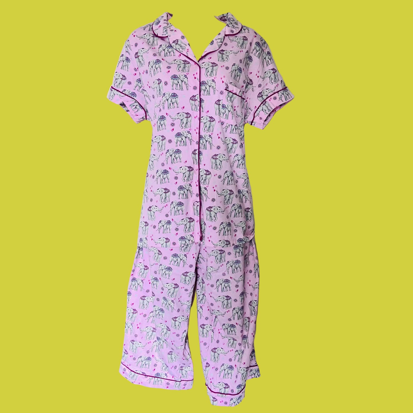 TU | Pink Indian Elephant Two Piece Pyjama Set | Button-Down Shirt & Crop Pant | Size 16