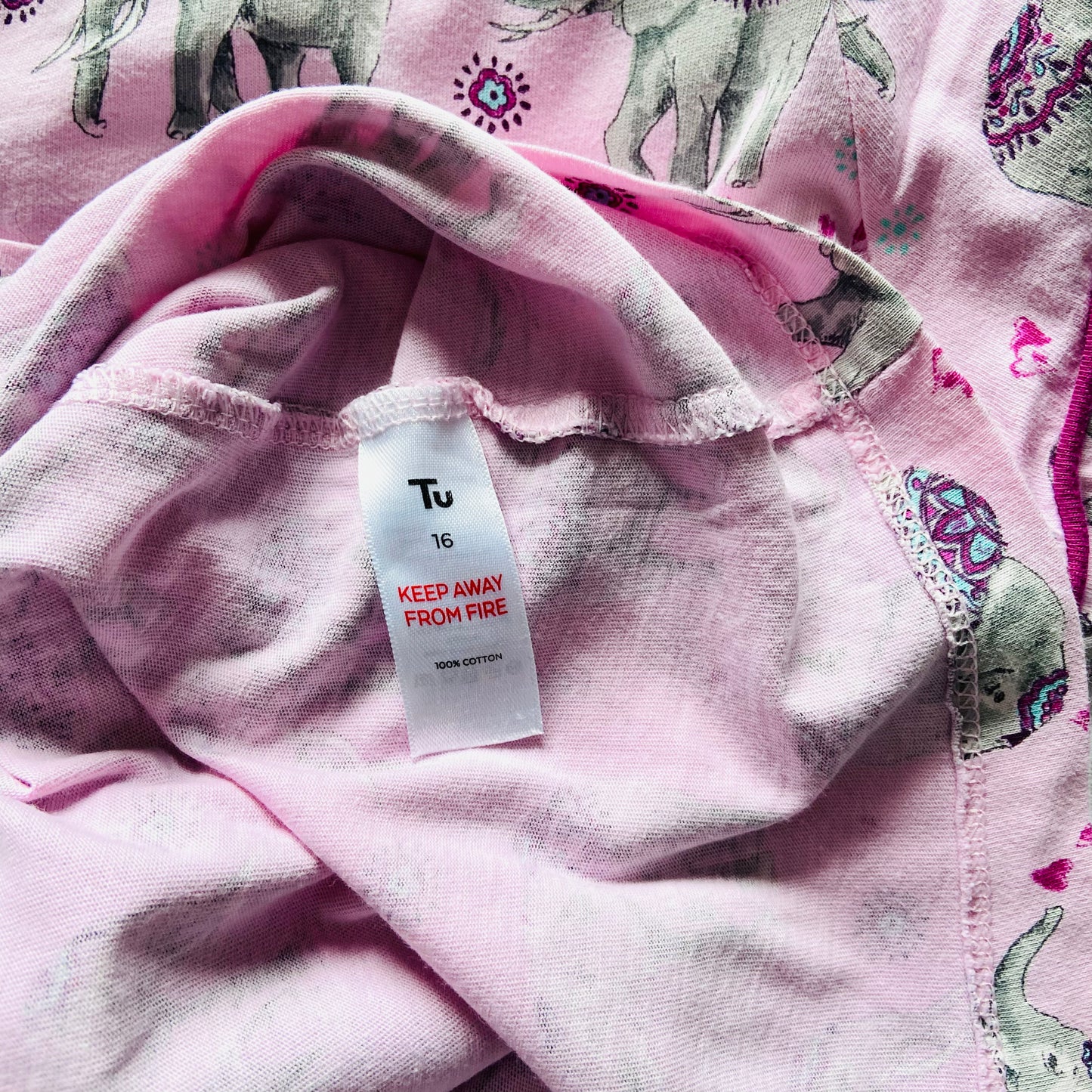 TU | Pink Indian Elephant Two Piece Pyjama Set | Button-Down Shirt & Crop Pant | Size 16