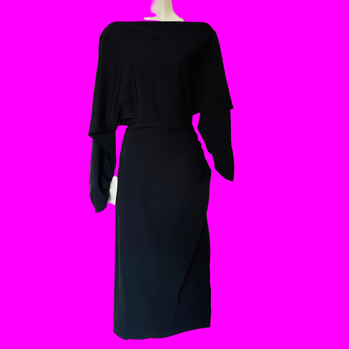H&M | Black | Boat Neck / Off One Shoulder Asymmetric | Batwing Long Sleeve | Ruched Side | Midi Dress | Size M