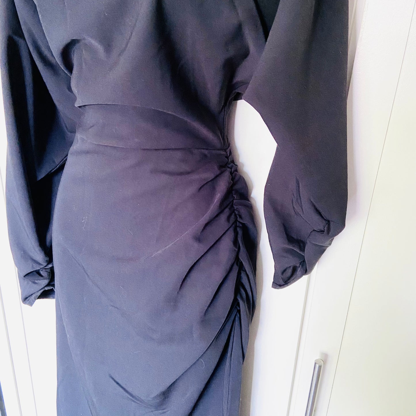 H&M | Black | Boat Neck / Off One Shoulder Asymmetric | Batwing Long Sleeve | Ruched Side | Midi Dress | Size M