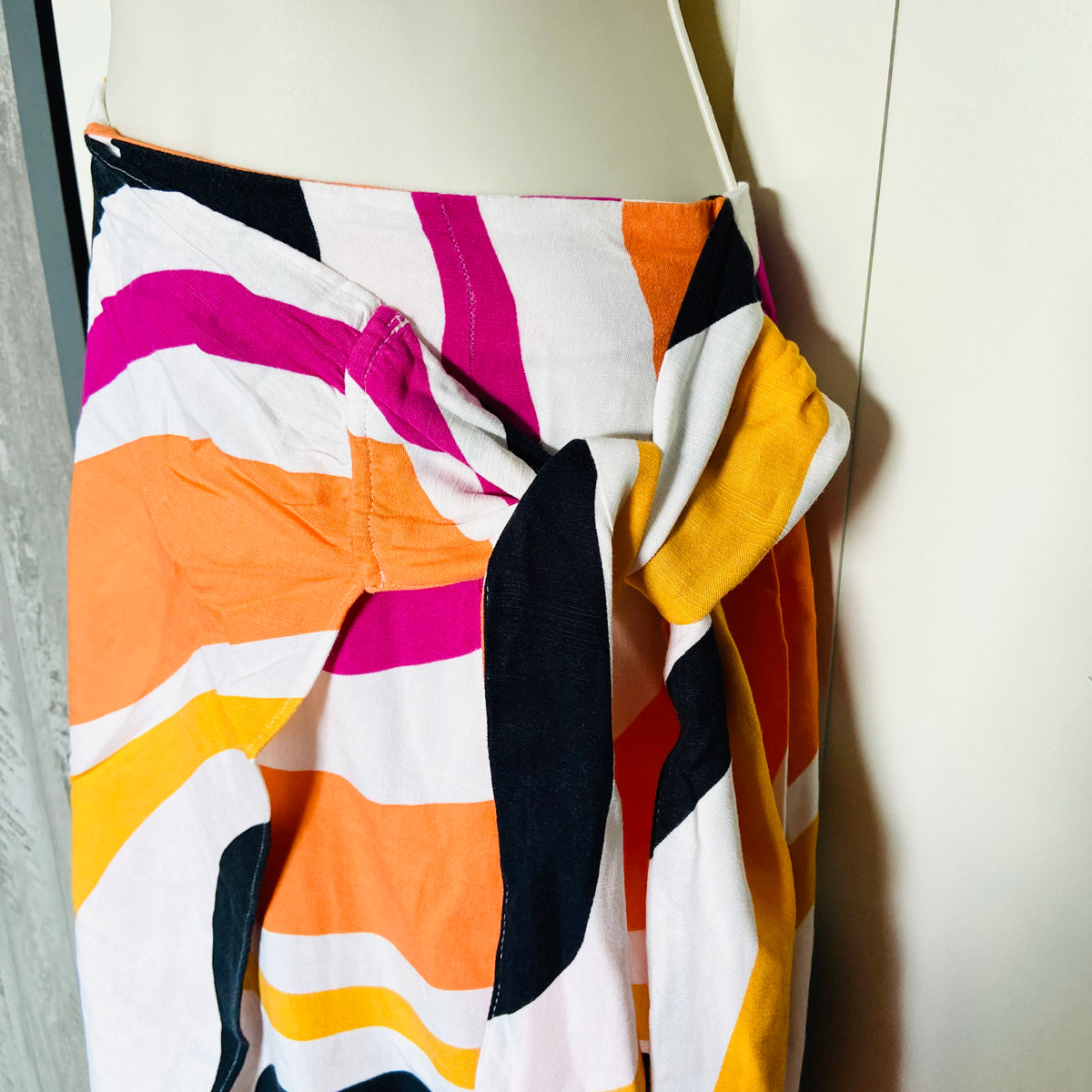FW Bridge | Multicolour (Pink, Orange, White, Black) | Wave Stripe Midi Wrap Skirt | Tie Waist | Size 20