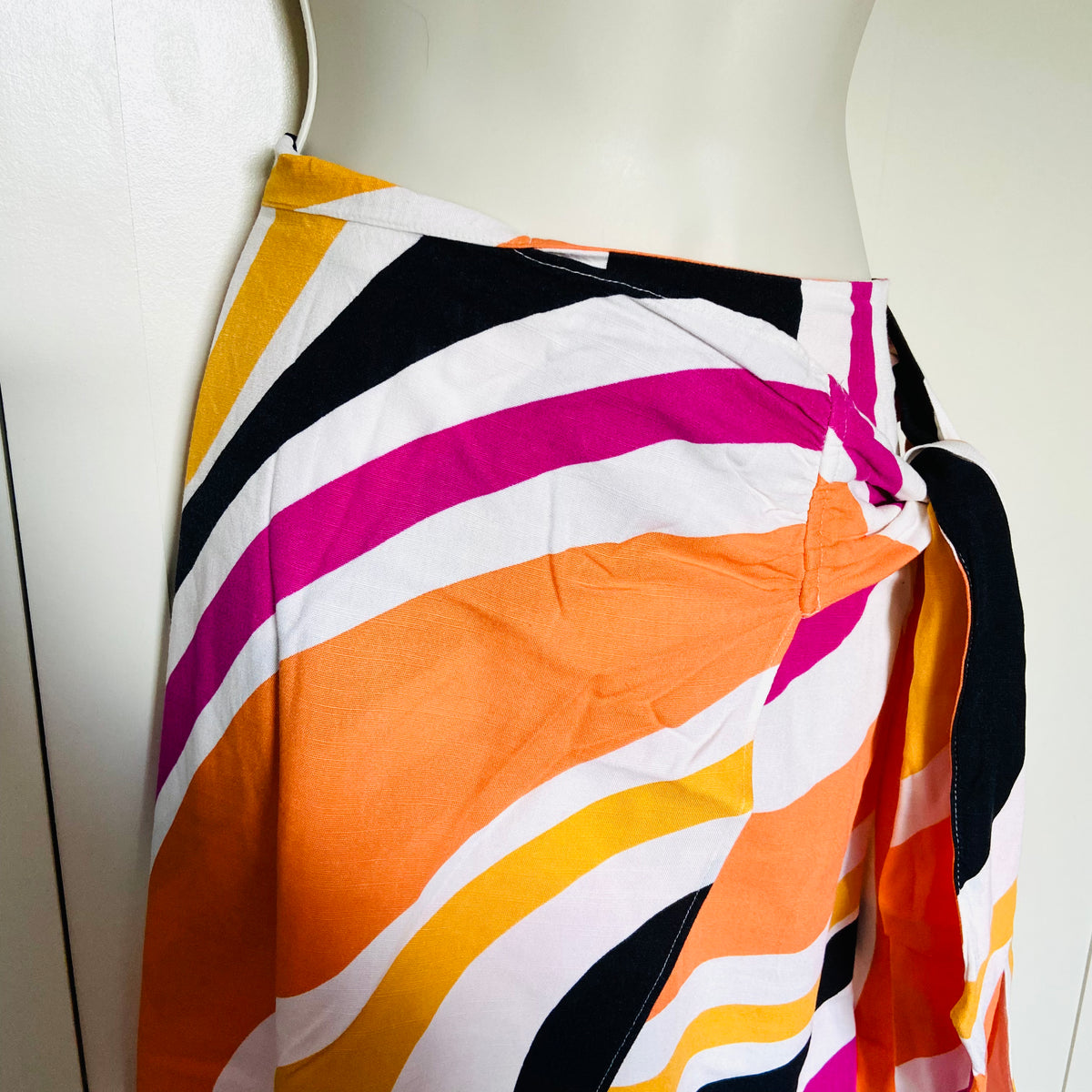 FW Bridge | Multicolour (Pink, Orange, White, Black) | Wave Stripe Midi Wrap Skirt | Tie Waist | Size 20