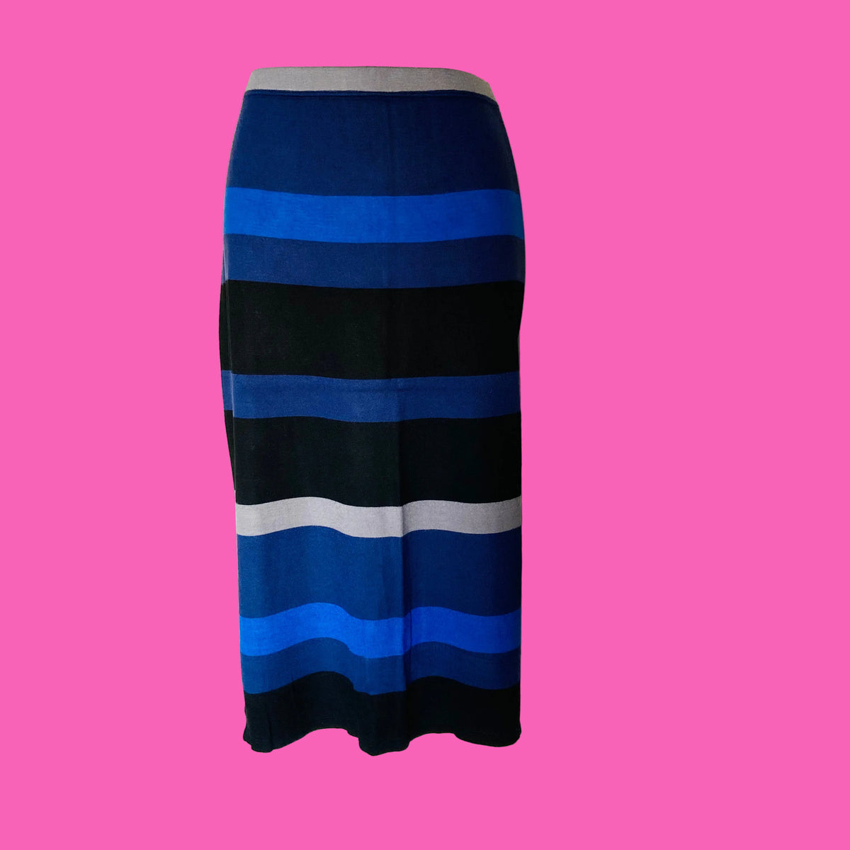 Max Studio Designer | Blue, Navy & Grey | Striped Stretch Midi Pencil Wiggle Skirt | Size Large