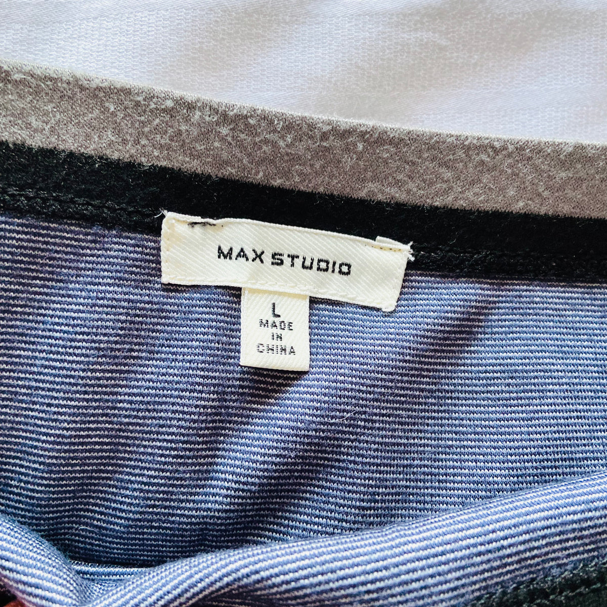 Max Studio Designer | Blue, Navy & Grey | Striped Stretch Midi Pencil Wiggle Skirt | Size Large