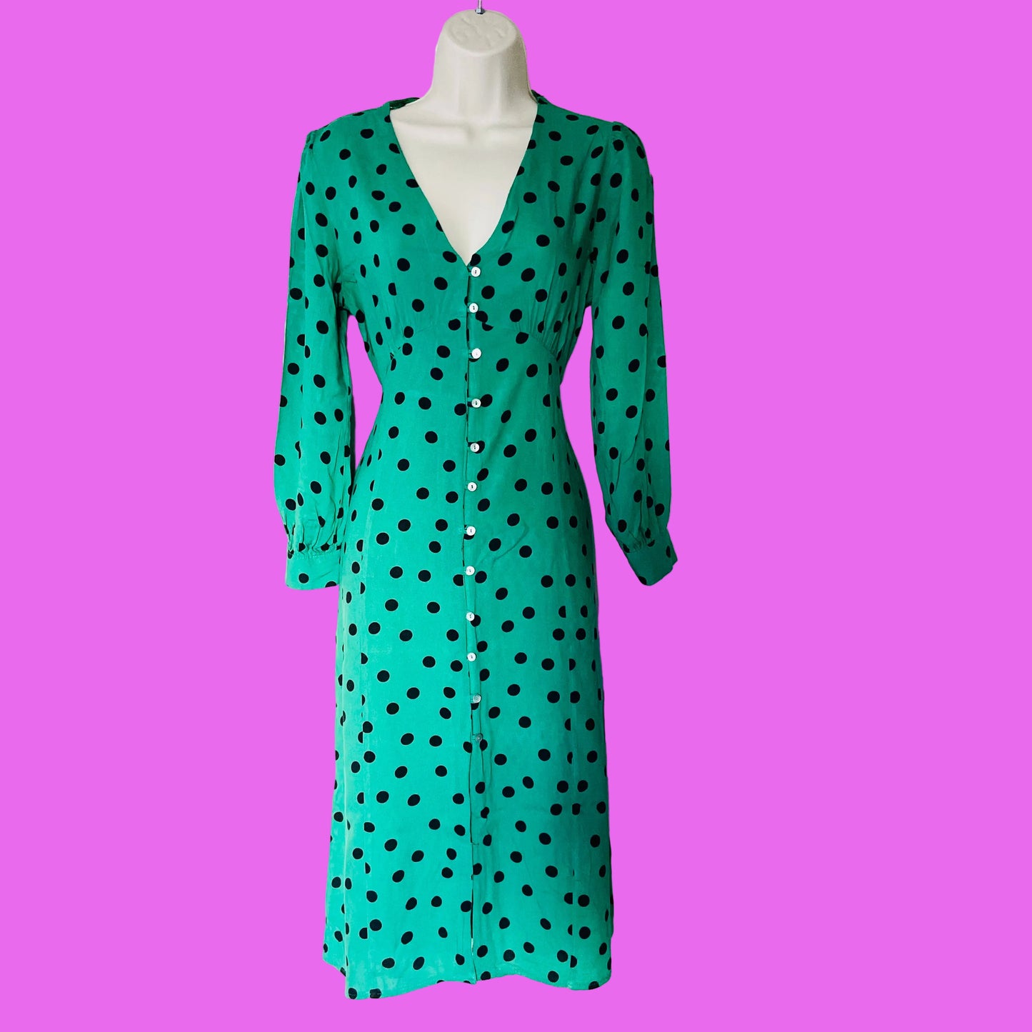 Miss Selfridge Petite | Green & Black Polkadot | Button Front Midi Tea Dress | Long Sleeve | Size 10