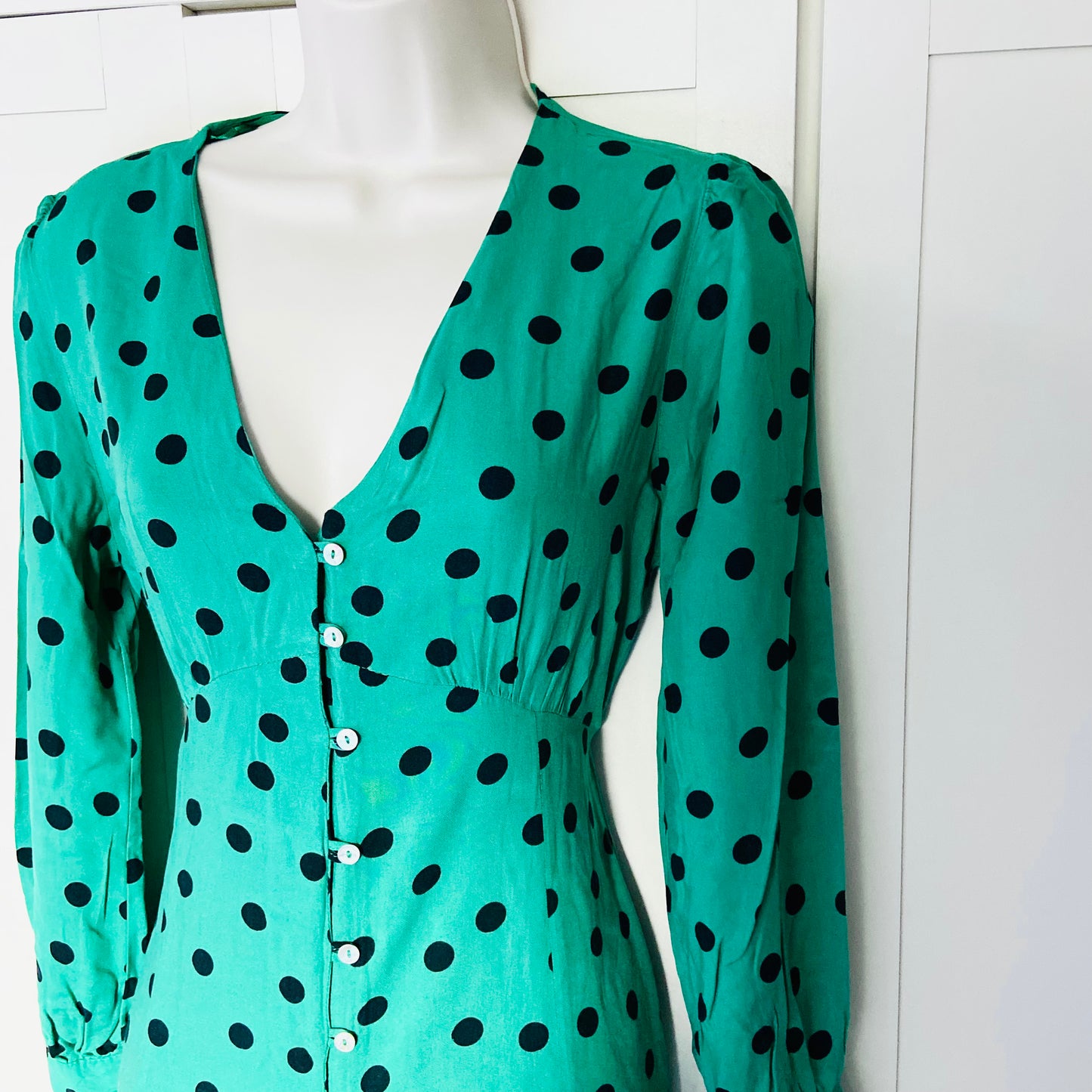 Miss Selfridge Petite | Green & Black Polkadot | Button Front Midi Tea Dress | Long Sleeve | Size 10