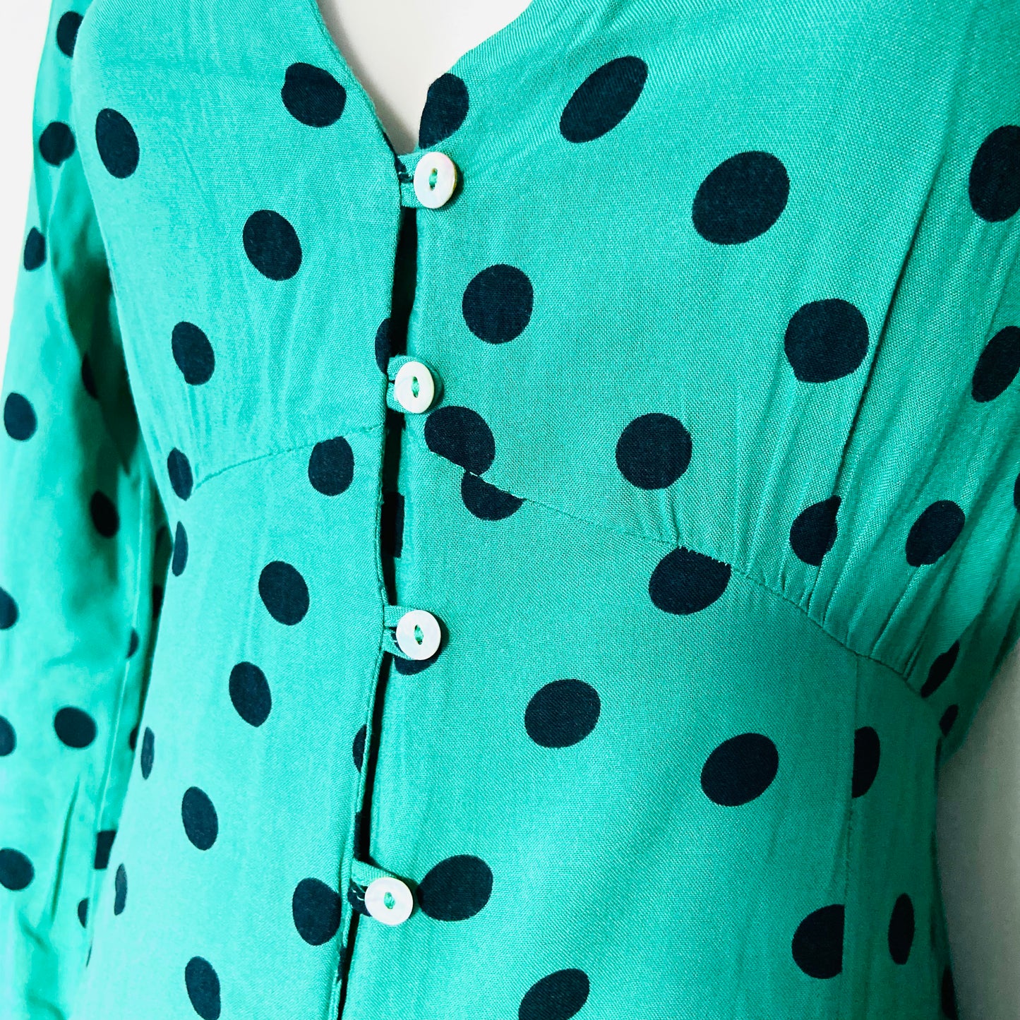 Miss Selfridge Petite | Green & Black Polkadot | Button Front Midi Tea Dress | Long Sleeve | Size 10
