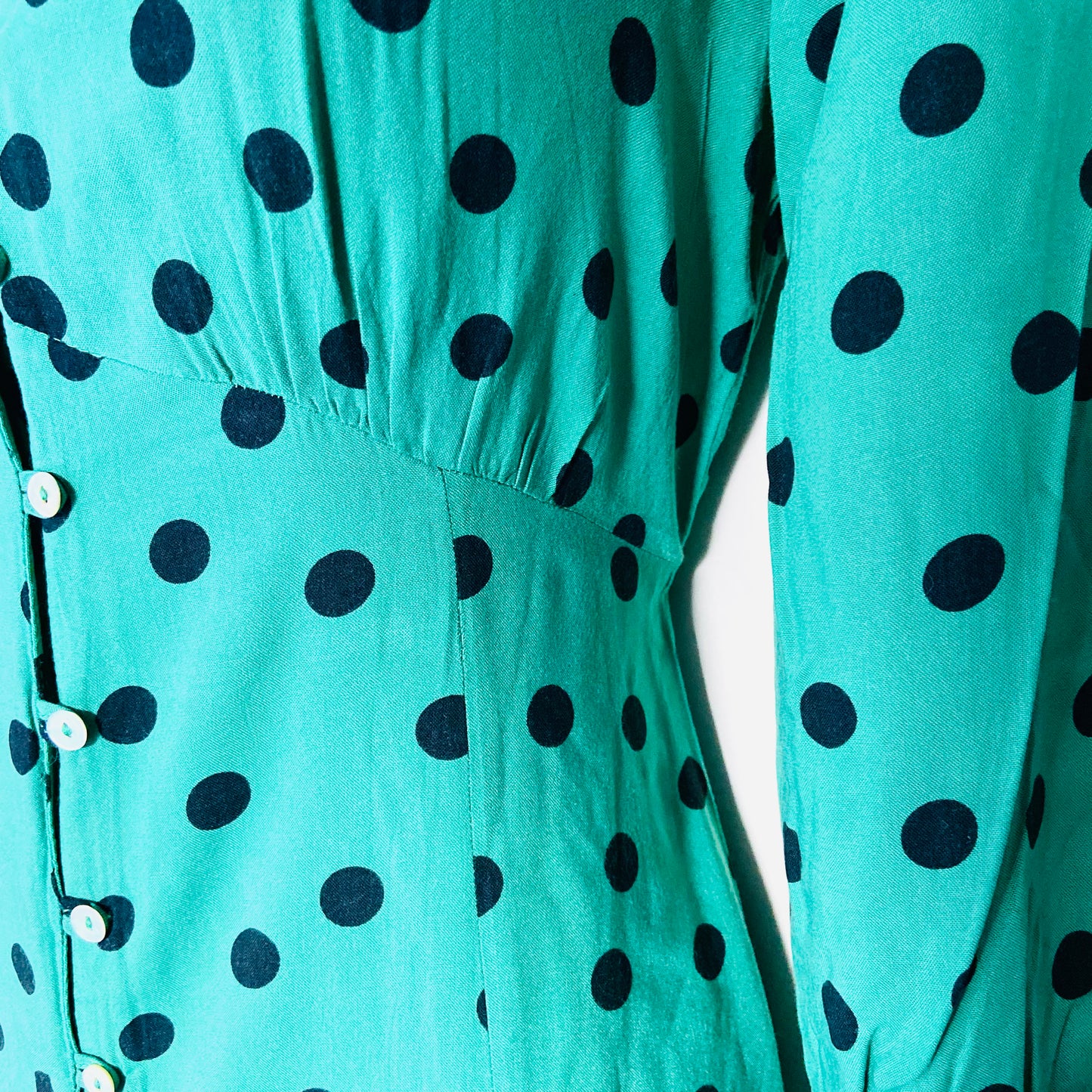 Miss Selfridge Petite | Green & Black Polkadot | Button Front Midi Tea Dress | Long Sleeve | Size 10