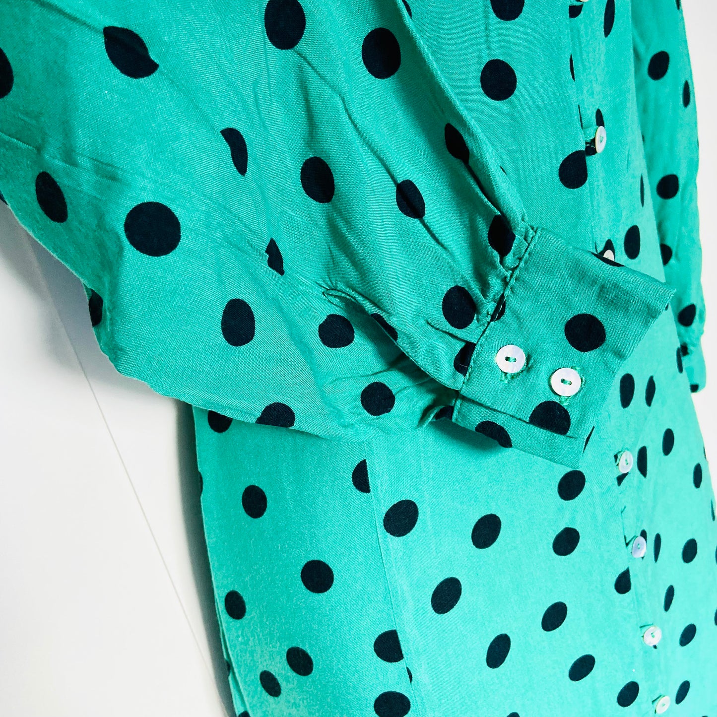 Miss Selfridge Petite | Green & Black Polkadot | Button Front Midi Tea Dress | Long Sleeve | Size 10