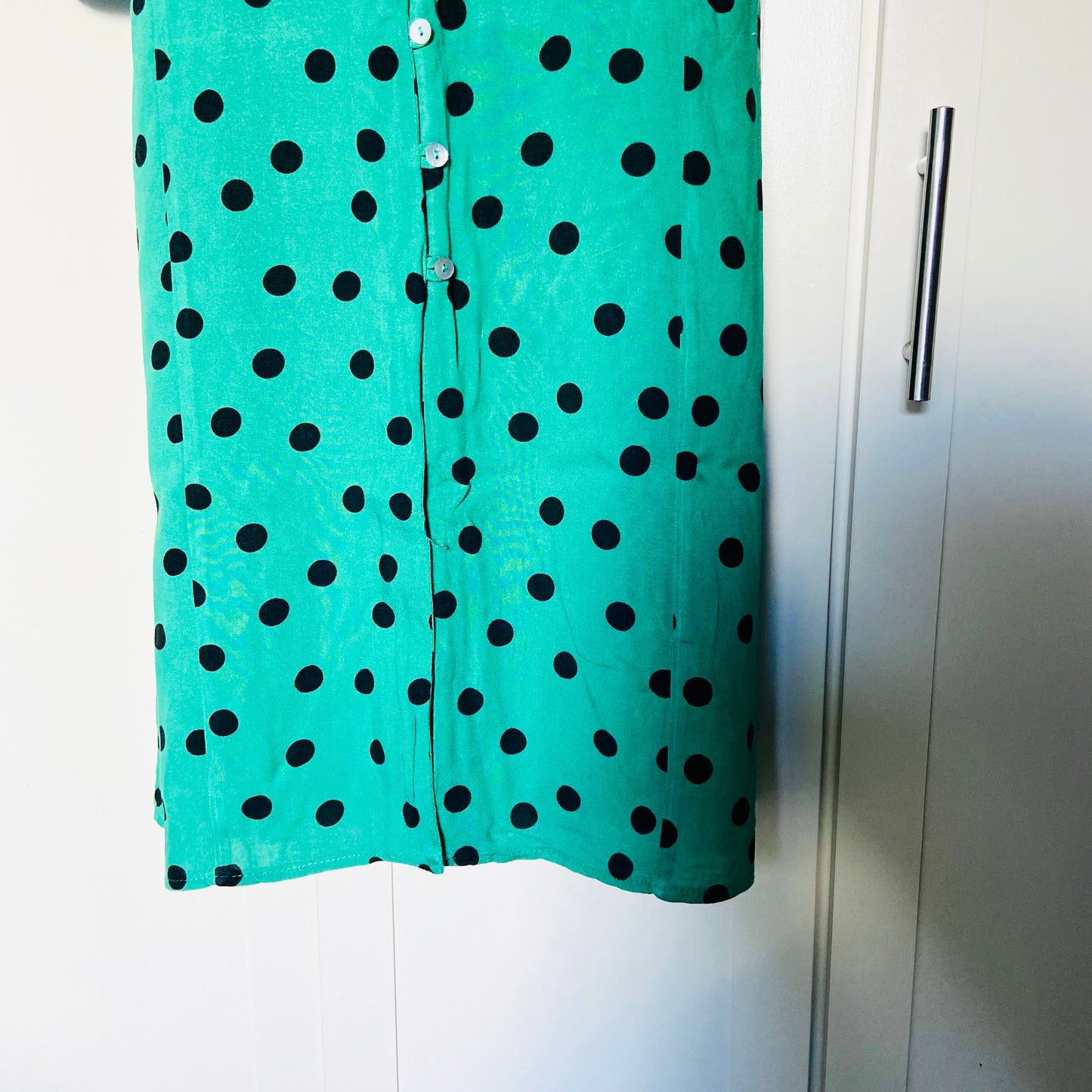 Miss Selfridge Petite | Green & Black Polkadot | Button Front Midi Tea Dress | Long Sleeve | Size 10