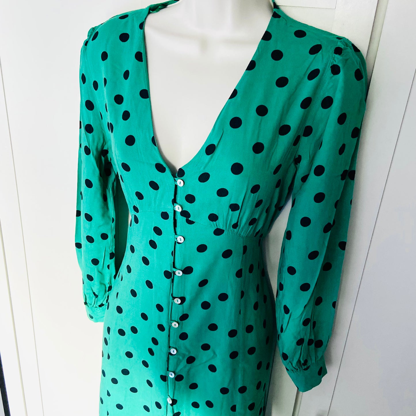 Miss Selfridge Petite | Green & Black Polkadot | Button Front Midi Tea Dress | Long Sleeve | Size 10