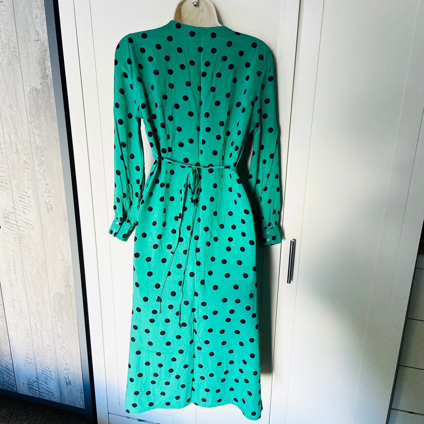 Miss Selfridge Petite | Green & Black Polkadot | Button Front Midi Tea Dress | Long Sleeve | Size 10